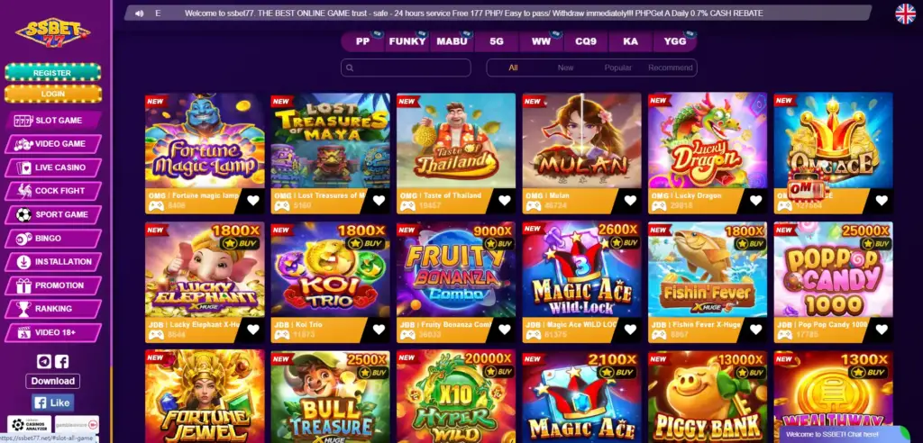 SSbet77 Casino games page featuring slots, live dealer, sports betting, and more