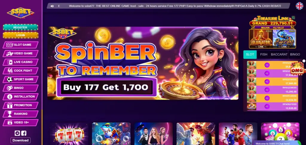 SSBet77 Casino homepage screenshot with game categories and main menu"