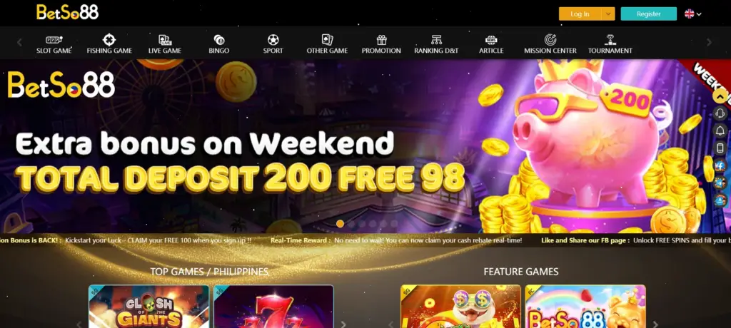 Homepage of Betso88 online casino