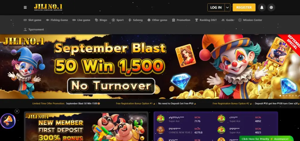 Jilino1 Casino homepage interface showing featured games and navigation menu