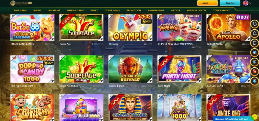 Milyon88 Casino Games type including slots, fishing game and more.
