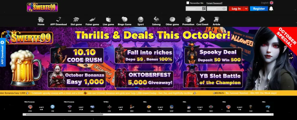 swerte99 Casino homepage interface showing featured games and main menu