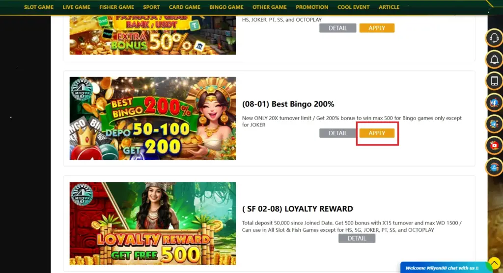 the step of claiming the bingo bonus