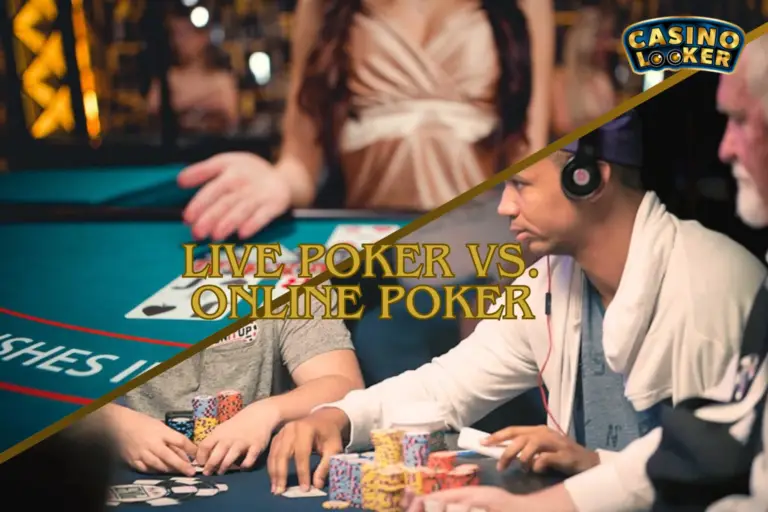 Comparison image showing P2P poker room versus live casino poker, highlighting differences in gameplay environment, player interaction, and platform features