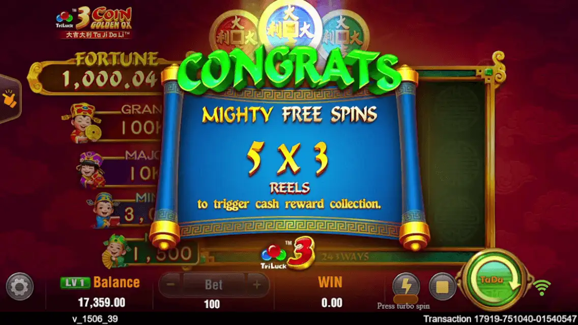 3 Coin Golden Ox Free Spins feature